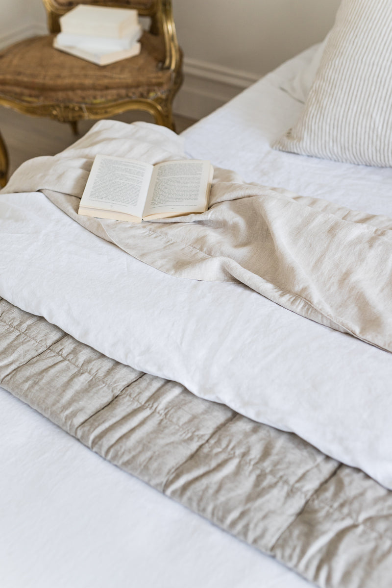 French Linen Reversible Quilted Bedcover - Natural/ Natural Stripe